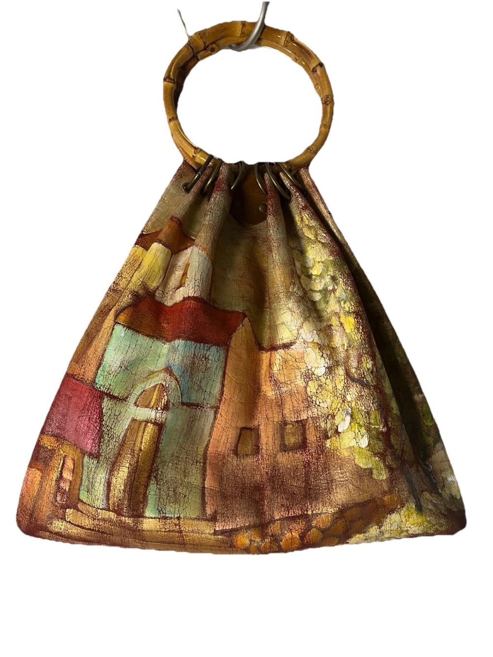 Anna Bui Hand-Painted Multicolor Bamboo-Handle Tote one of a kind